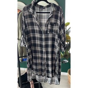 Miss Lili Plaid Shirt Dress 3XL Black White Long Sleeve Button Down Grunge Tunic